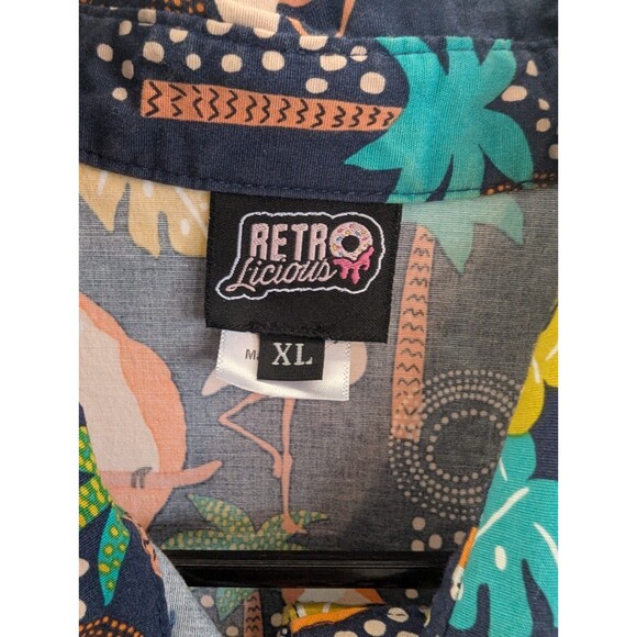Retrolicious Tropical Bird Button-up Top XL Retro Tiki Pin-up Orange Navy (K03) - Picture 4 of 7